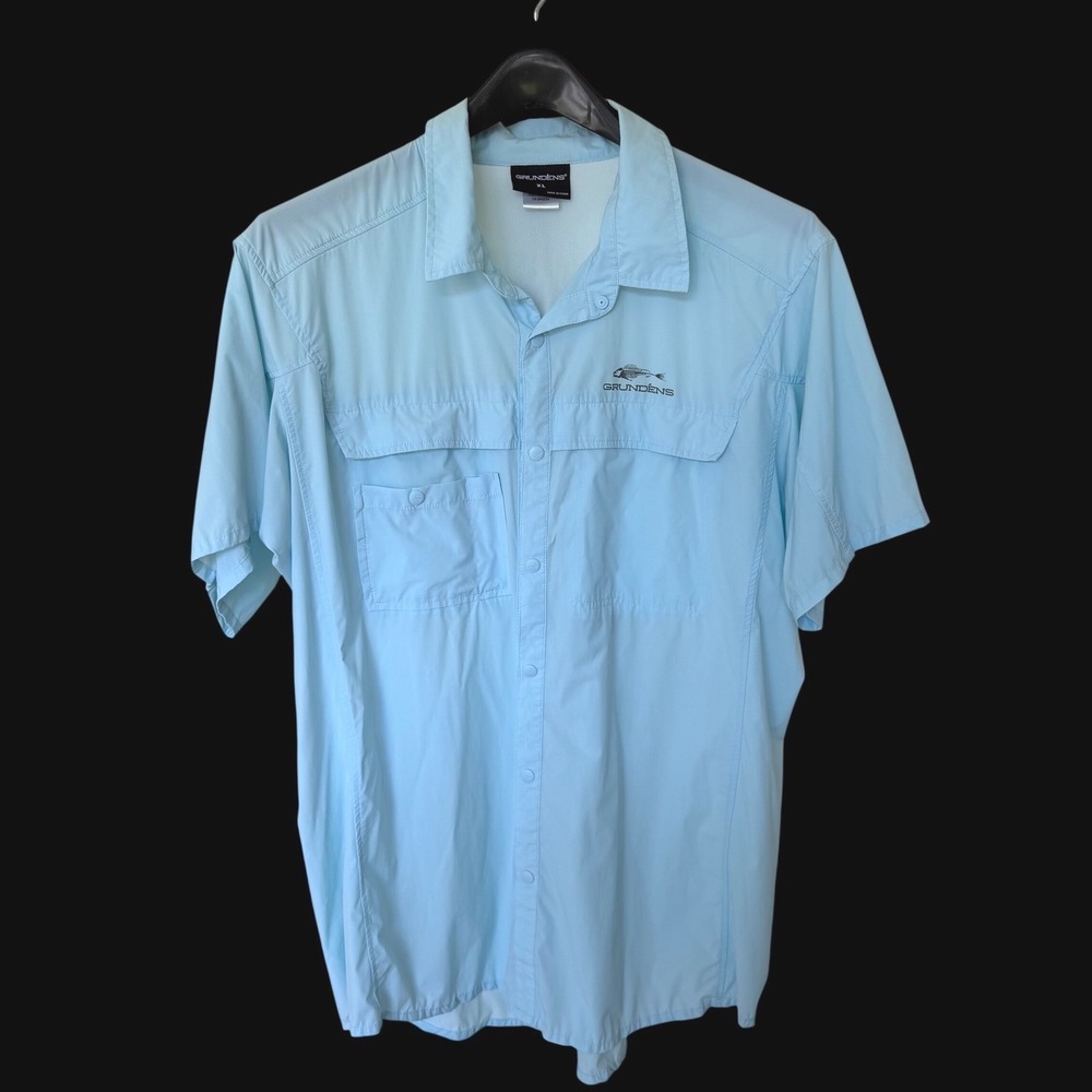 Grundens XL Light Blue Short Sleeve Fishing Shirt Button Front Missing‎ Button